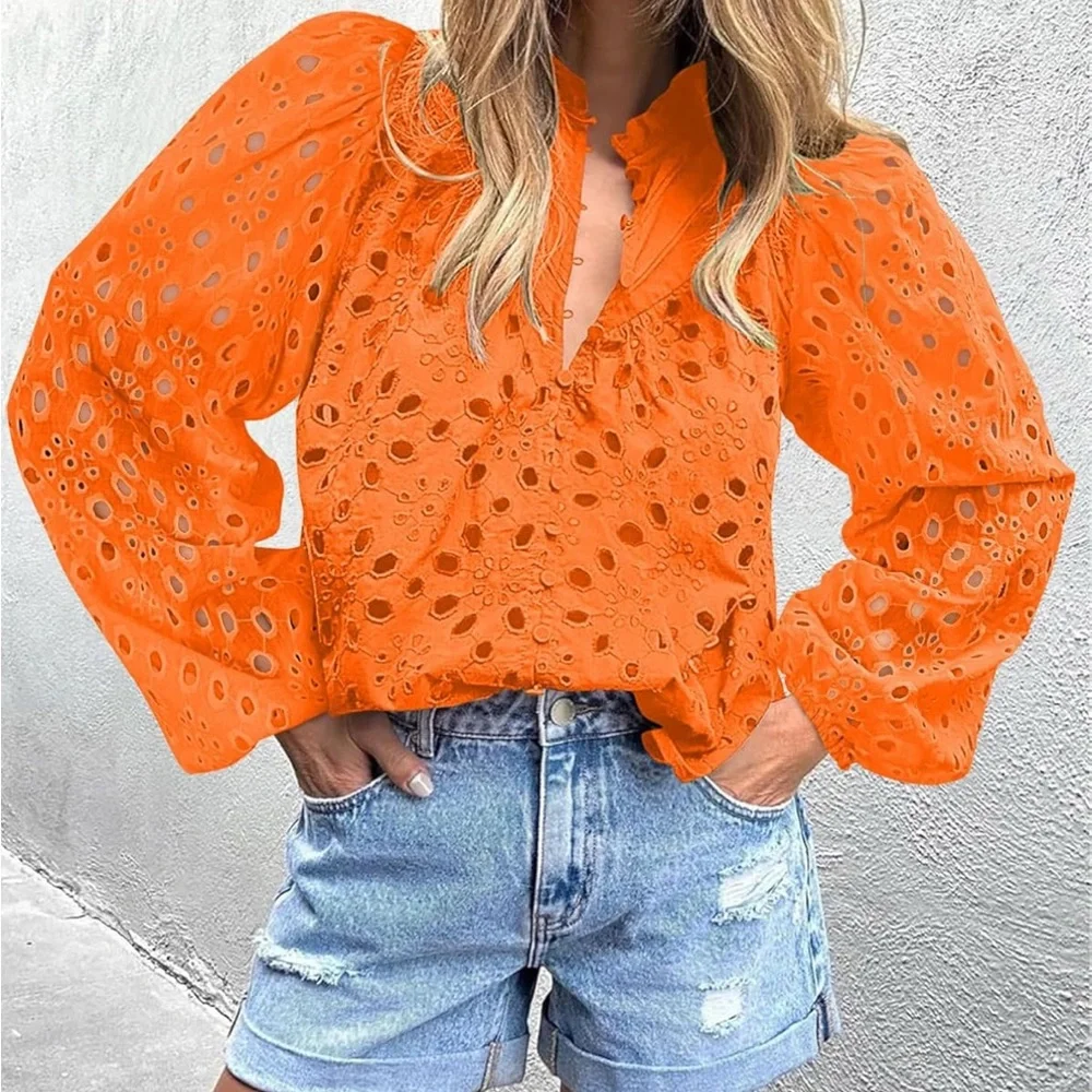 Orange Eyelet Button-Up Blouse - Picture 4 of 4